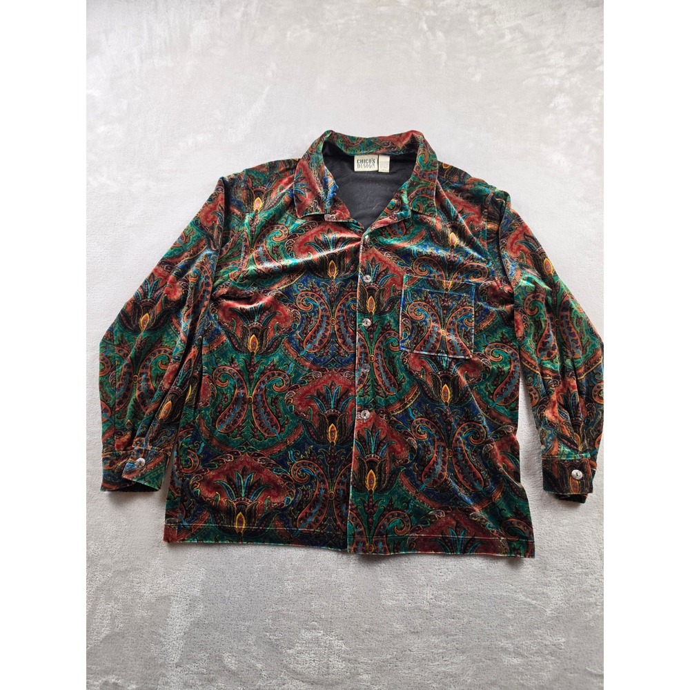 Vintage Chico's Design Button Up Shirt Women 2 L Paisley Velvet Long Sleeve Boho